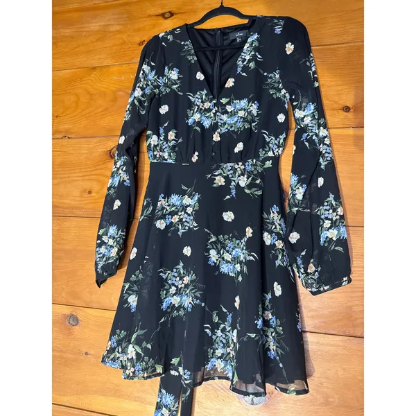 NWT Lulus Always Your Black Floral Print Long Sleeve Skater Dress Cruise Size M - Image 2