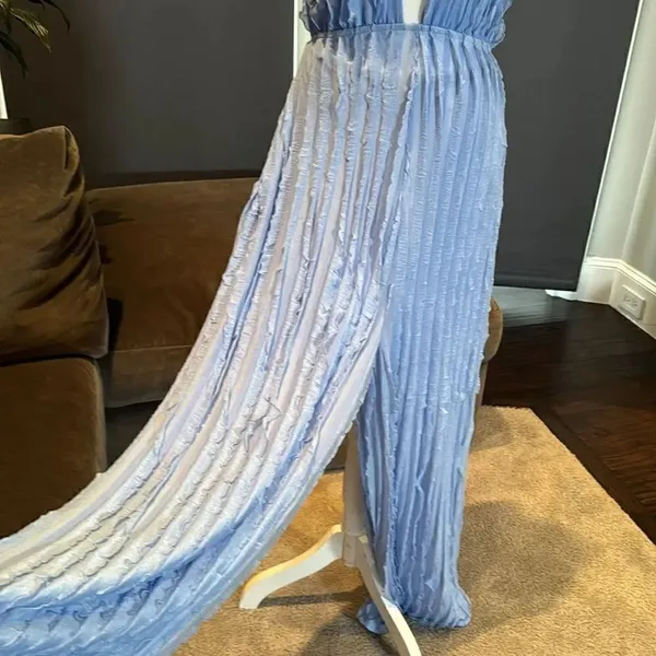 Women’s Blue V-Neck Backless Jumpsuit Romper RuffleWave WideLeg Pants Size M NEW - Image 3