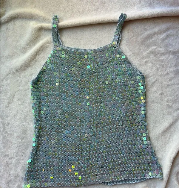 Vintage Blue Sequin Embellished crochet knit cami Tank Top - Image 5