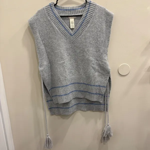 Free People‎ All Star Stripe Poncho Vest Gray Blue V-Neck Side Tie Tassels OS - Image 4