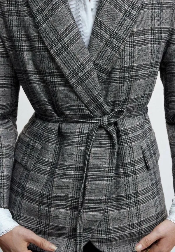 Mango Grey Checked Structured Quilted Jacket - Size M-L - Image 2