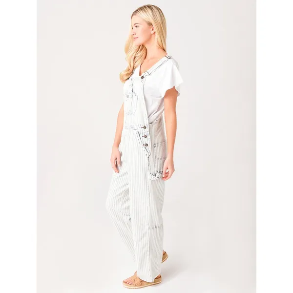 Faherty Overalls Topsail Railroad Stripe Faded Light‎ Wash Blue White Women XS - Image 4