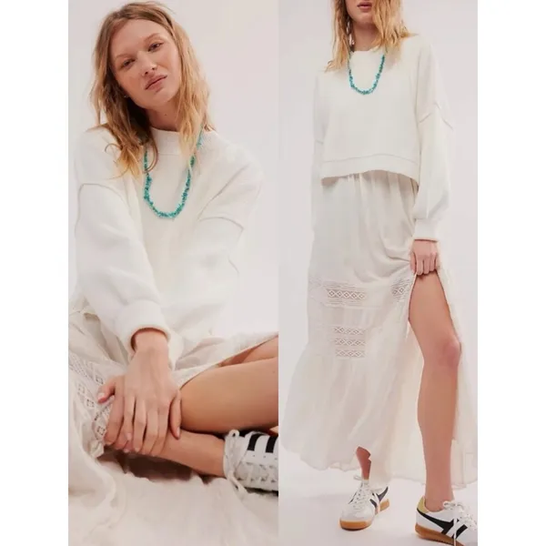 Free People Easy Street Crop Pullover Sweater in White Size Medium Preppy Fall - Image 7