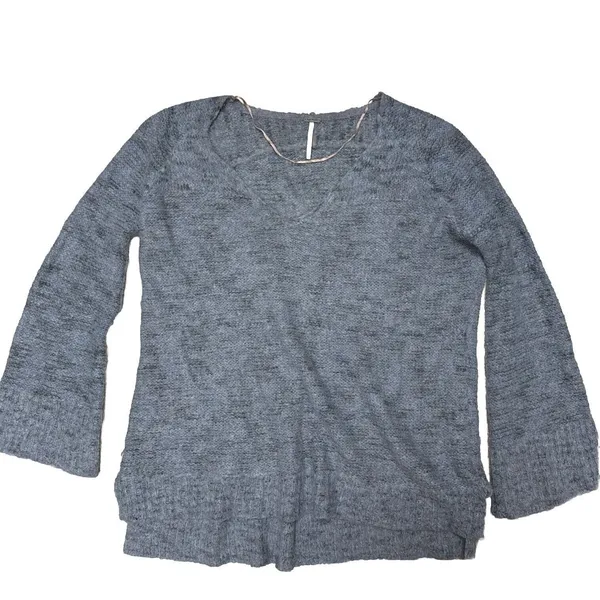 FREE PEOPLE S ALPACA BLEND KNIT OVERSIZED V-NECK BOHO SWEATER‎ GREY Bell Sleeve - Image 3