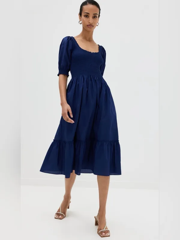 Hill House Home The Louisa Nap Dress S Navy Cottagecore Smocked Puff Sleeve NWT - Image 2