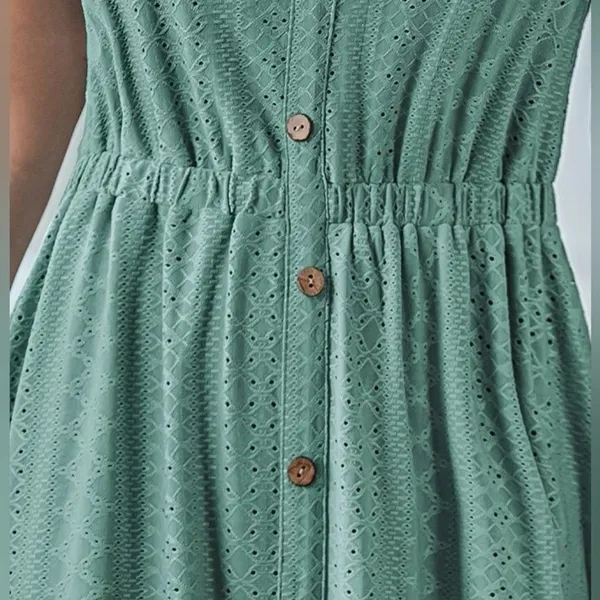 Women's Sleeveless Button Midi Dress Textured Eyelet Elastic Waist scoop Neck - Image 5