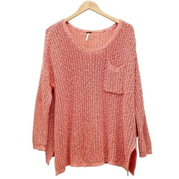 Free People Greenwich Village Sweater Sz M Coral Open Knit Oversized Tunic Boho - Image 2