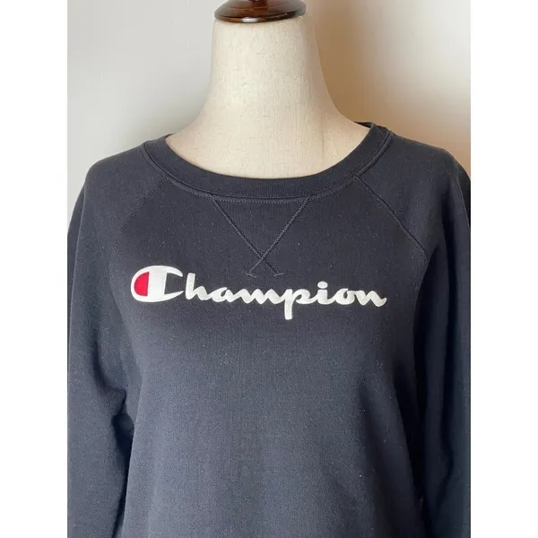 Champion‎ Sweatshirt Women Meddium Black Crew Neck Cropped Raw Hem Logo Athletic - Image 4