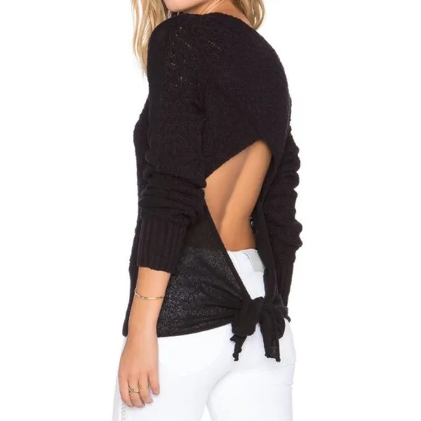 Bow Back Pullover Knit Sweater Open Cut-Out Cropped Back Backless S - Image 4