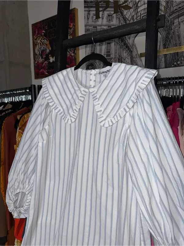 Ganni Blue White Stripe Balloon Sleeve Mini Dress Peter Pan Collar EU 38 US 6 - Image 5