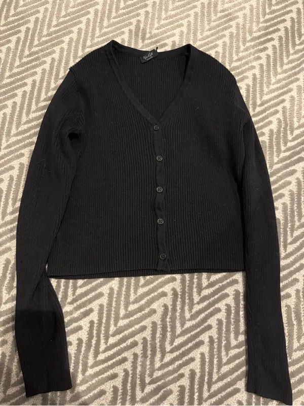 Brandy Melville Black Ribbed V-Neck Button-Front Cardigan - Image 2