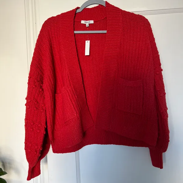 Madewell Bobble Cotton Pom Pom Cardigan Sweater in Kilt Red XSMALL NWT - Image 3