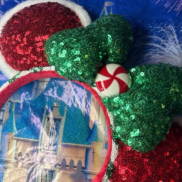 Disney parks holiday Christmas peppermint fur lined Minnie Mouse ears - Image 2