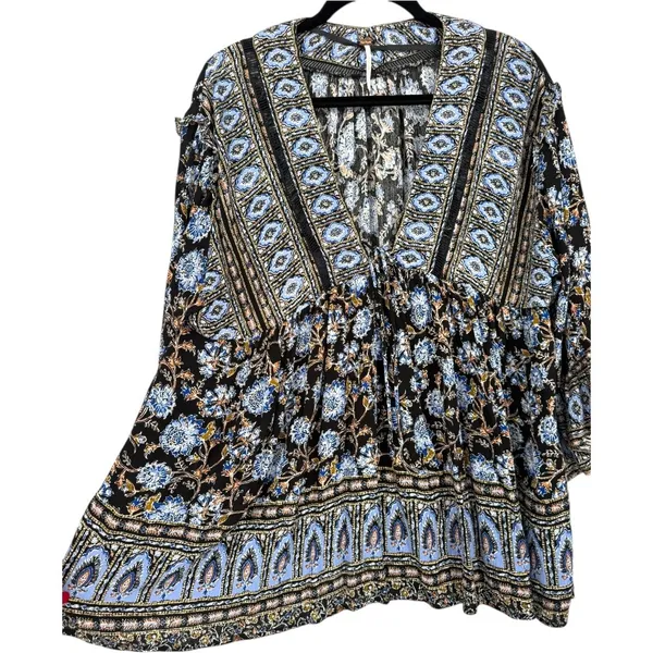 Free People Moonlight Dance Floral Bell Sleeve Boho Tunic Top Blue Size‎ Small - Image 9