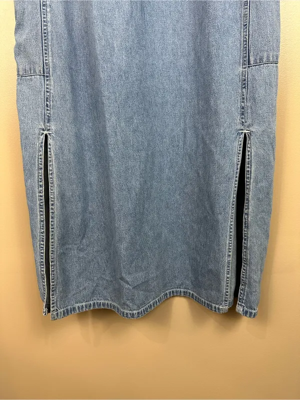 Vintage Denim Jumper Midi Dress M Utility Pockets 100% Cotton 90s Country - Image 8