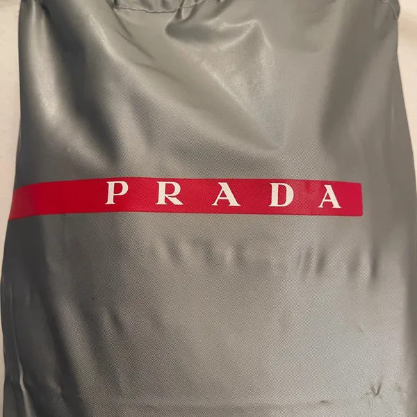 PRADA Nylon Drawstring Dust Bag Gray Red White PRADA Stripe Logo - Image 3