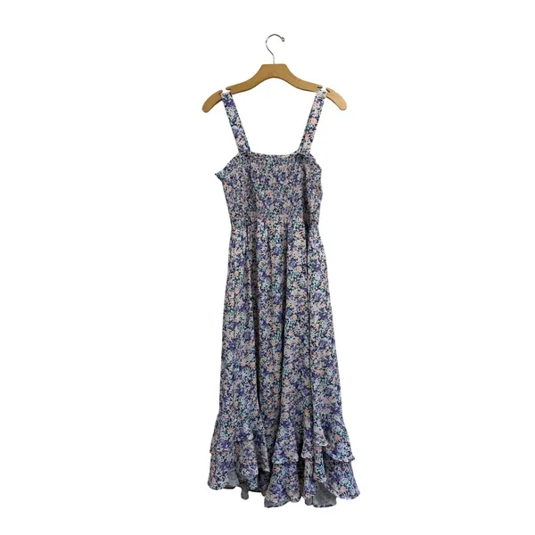 Grace Karin Floral Smocked Midi Dress Purple Blue Ruffle High Low Hem Large - Image 3