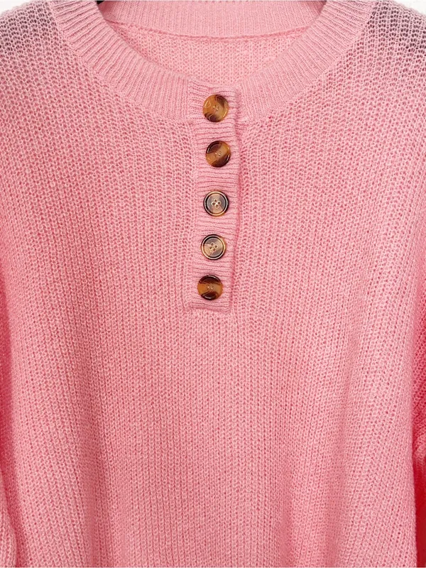 Amazon Coral Pink Oversized Henley Button Pullover Knit Sweater - Image 4