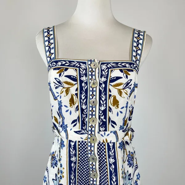 NWOT Farm Rio Linen Blend Floral Print Romper Blue Size XS - Image 4