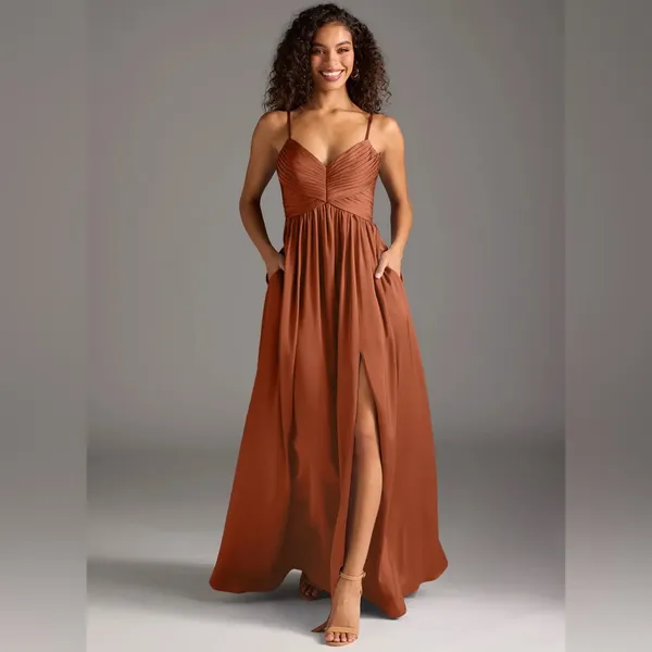 Azazie Alia bridesmaid gown NWT A6 Cedar Rose A-line Pleated Stretch Satin Dress - Image 5