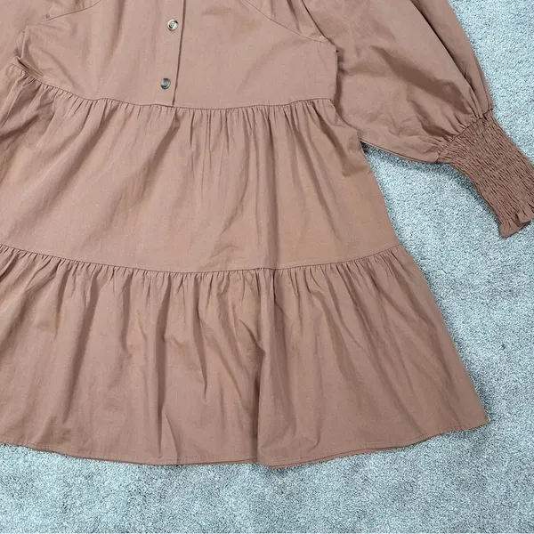 Bohme Makayla Mini Dress Smocked Balloon Sleeve Button Ruffle Tiered in Clay S - Image 7