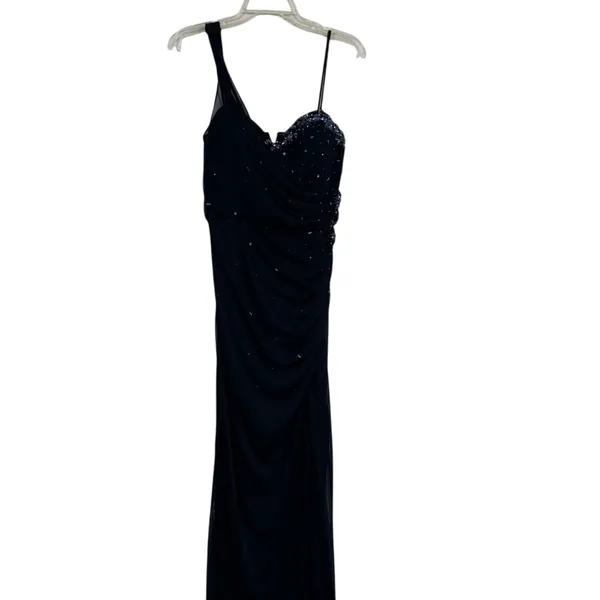 Xscape Blue Beaded One Shoulder Maxi Formal Dress Womens 12 Ruched Bridesmaid - Image 2