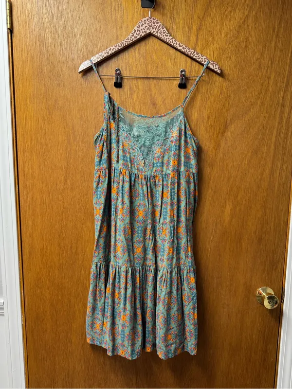 Natural Life Sleeveless Lace Inset Tiered Mini Dress Floral Teal Orange Medium - Image 12