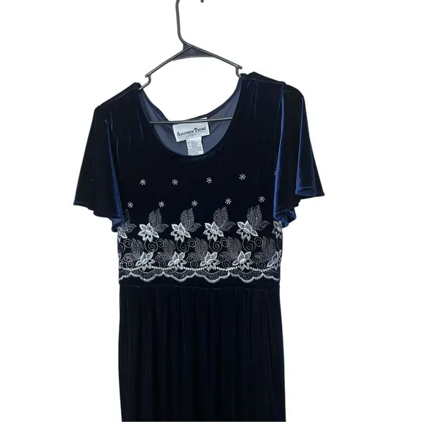 Vintage Another‎ Thyme Blue Velvet Maxi Dress Embroidered Flowers Size 10 - Image 2