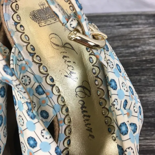 Juicy Couture Blue & Tan Print Fabric Platform Wedge Espadrille Sandal Shoes 7.5 - Image 7