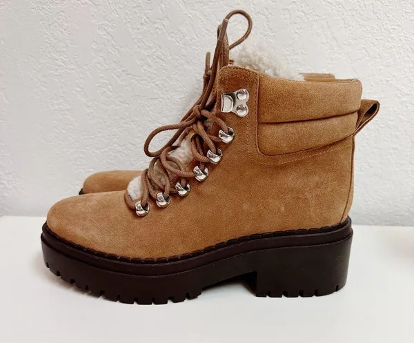 Marc Fisher Leigan Caramel Suede Sherpa Trim Lug Hiking Boot NWOT Size 5 - Image 2