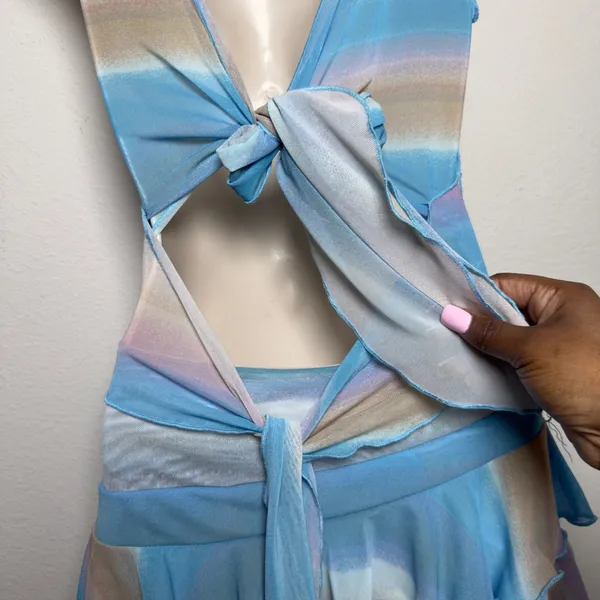 Women Y2K Indie Fairy Mini Dress Small Blue Chiffon Blue‎ Pink Ombre Mesh Cutout - Image 5