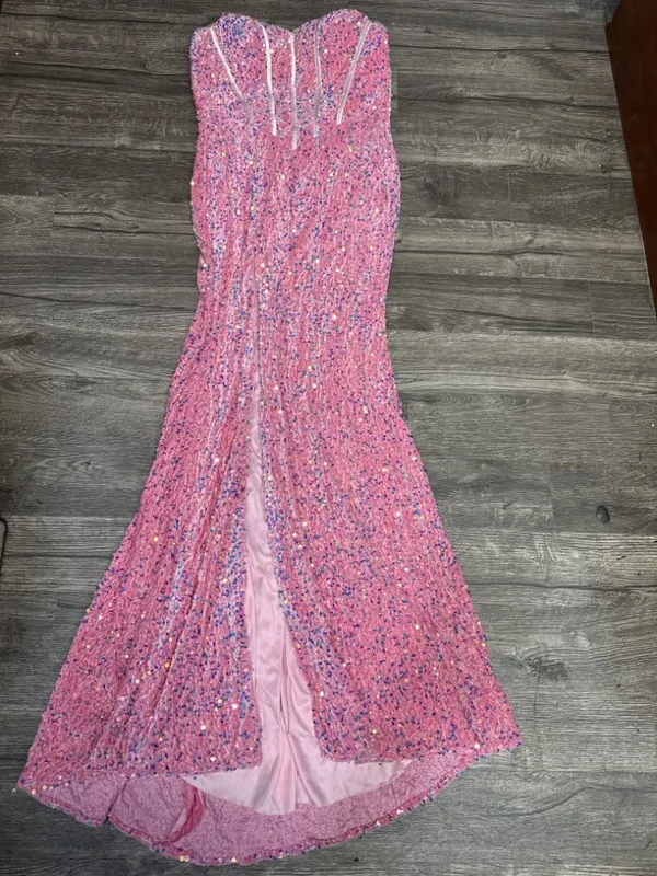 Strapless Pink Sequin Evening Gown with Front Slit Size 4 - Image 3