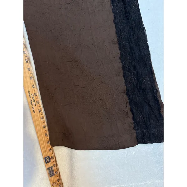 Anthropologie Brown Crinkle Satin Wide Leg Pants Black Lace Trim XL NEW - Image 5