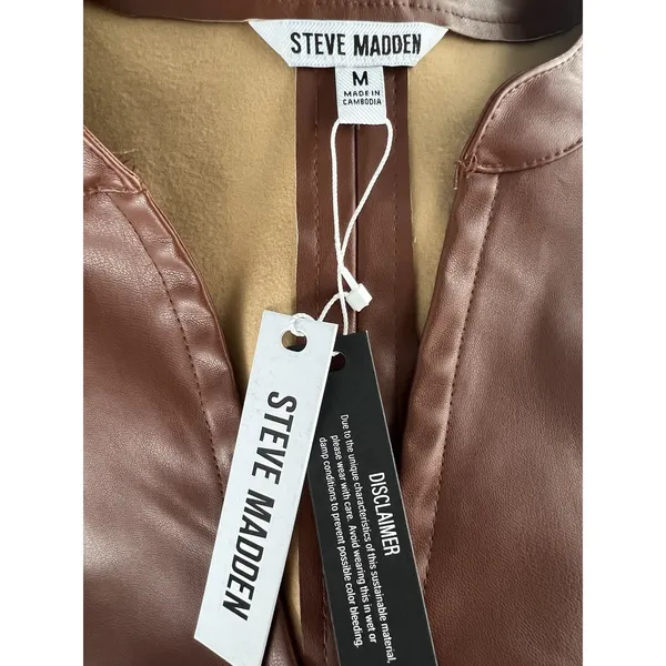Steve Madden Cognac Brown Faux Leather V-Neck Puff Sleeve Mini Dress Size Medium - Image 5