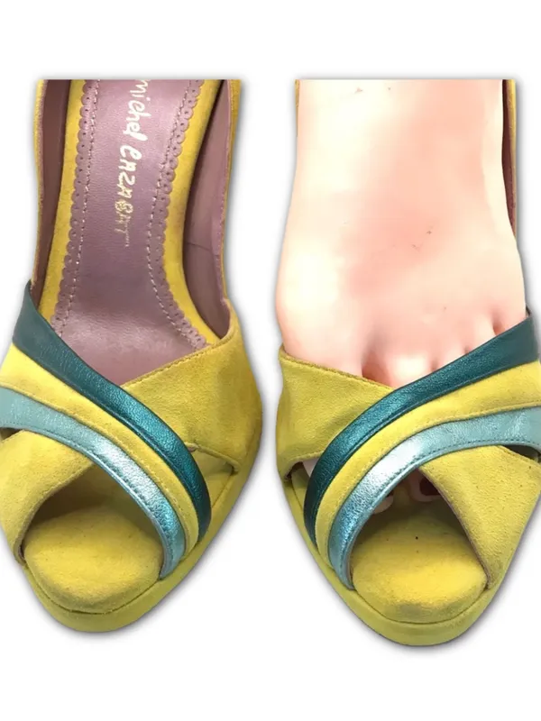 Jean-Michel Cazabat Paris Yellow Suede And Teal Leather Accent Heels (37) - Image 11