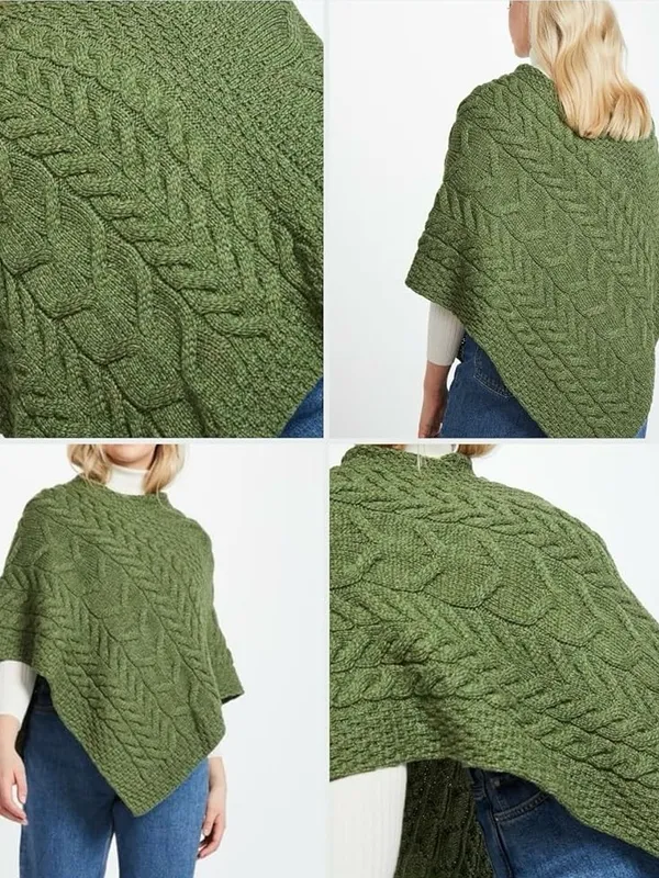 Aran Sweater Market Green Super Soft 100% Merino Wool Cable Knit Poncho - Image 2