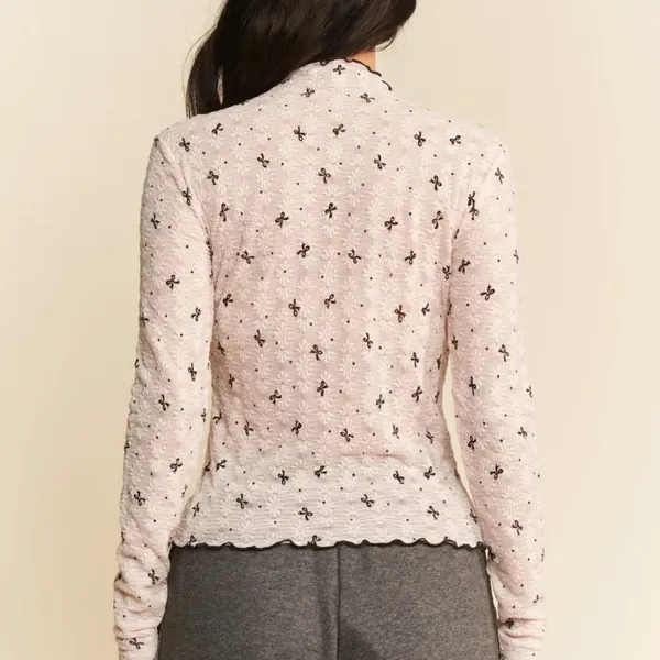 Davi & Dani Ribbon Bow Lace Hem Long Sleeve‎ Mesh Layering Top - Image 6