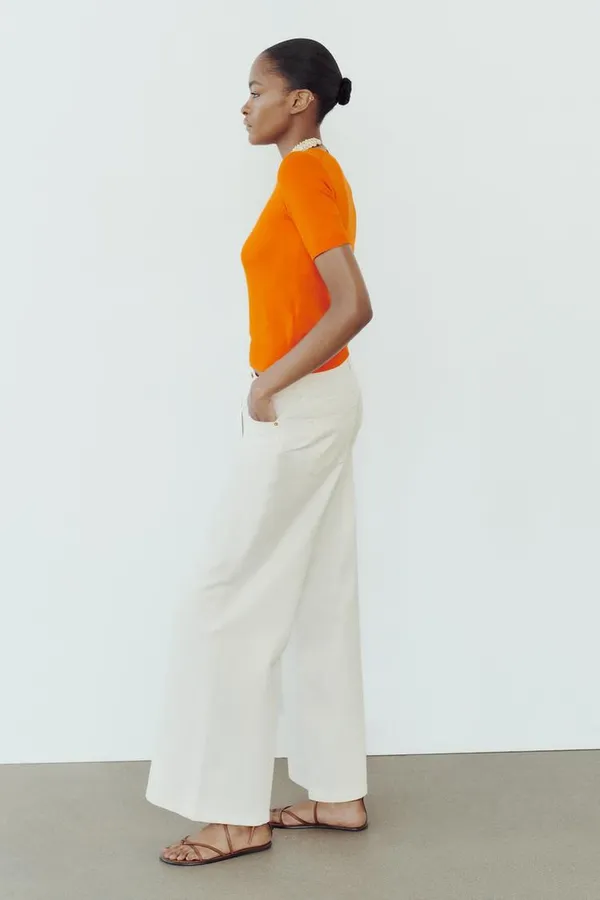 ZARA NWT White HIGH-WAISTED PALAZZO JEANS Z1975. Size Medium - Image 6