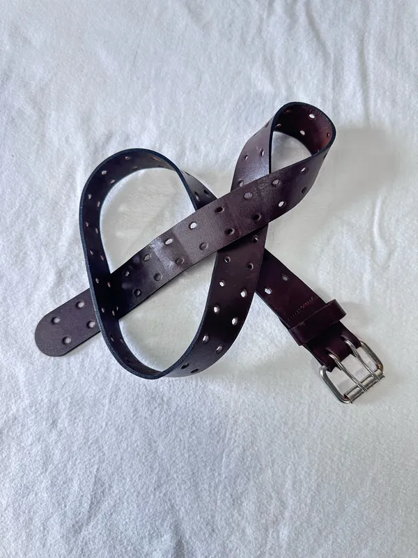 Leather Belt Size L Brown Double Prong Silver Buckle Waist Band Unisex Western - Image 3