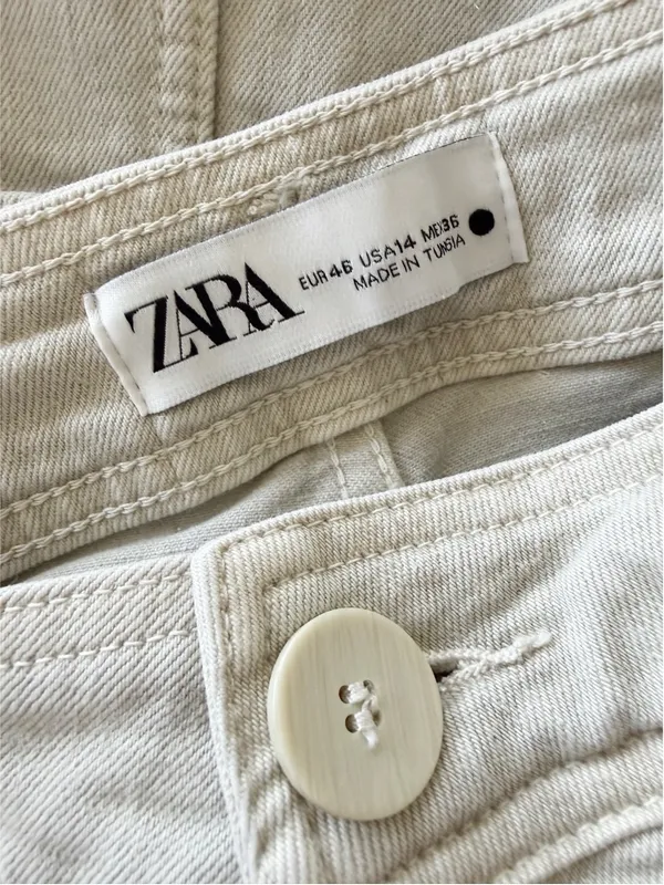 ZARA High Waisted Marine Cargo Jeans Raw Hem Khaki Beige Wide Leg Retro‎ Size 14 - Image 16