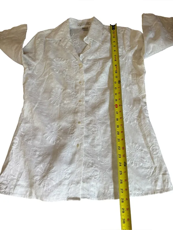 Peter Martin White Linen Floral Embroidered Button Up Shirt Womens Size Medium - Image 7