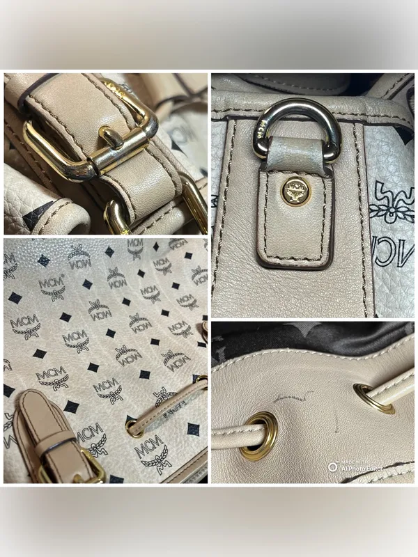 Vintage MCM Cream Visetos Monogram Drawstring Bucket Shoulder Bag Tote - Image 11