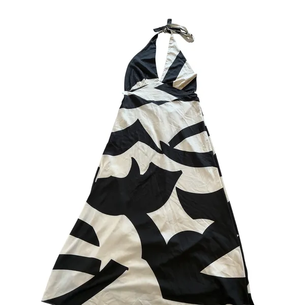 Bardot Black White Abstract Halter Maxi Dress Plunging V-Neck Open Back‎ Size 12 - Image 3