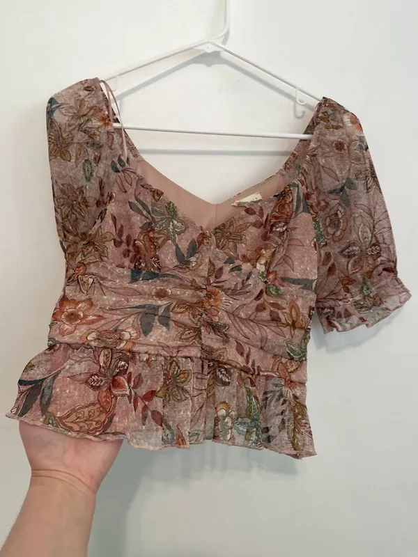 MERAKI Mauve Pink Floral Mesh Ruched Short Sleeve Puff Sleeve Crop Top Blouse L - Image 9