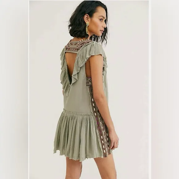 Free People Day Glow Boho Embroidered Mini Dress Women’s Medium Spanish Moss - Image 2
