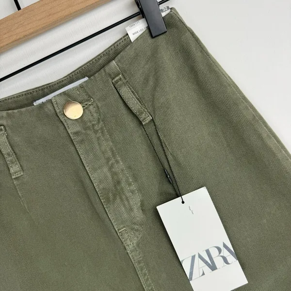 NWT ZARA Wide Leg Cropped Jean Pants Sz 0 Army Olive Green High Rise - Image 5