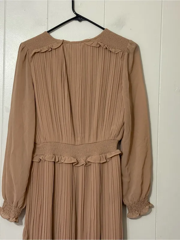 Böhme Pleated Midi Dress Long Sleeve Taupe Smocked Waist Boho Modest Size S - Image 11