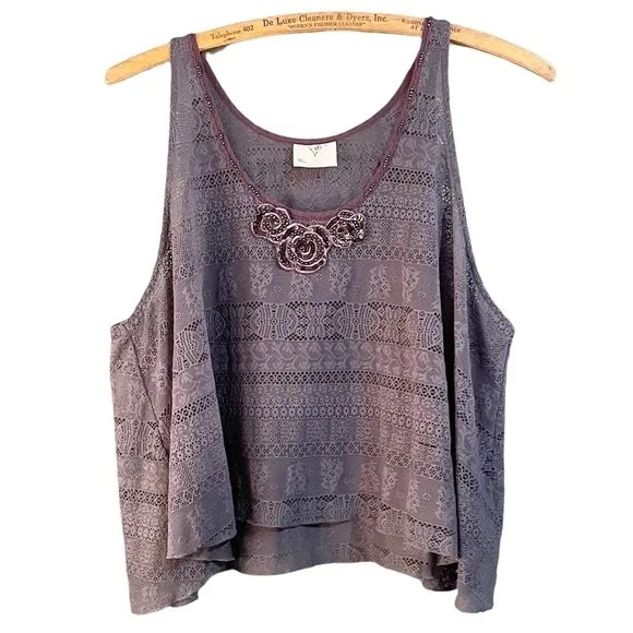 Vintage Free People Cropped Floral Laser-Cut Lace Lagenlook Tank Size XS Purple - Image 2