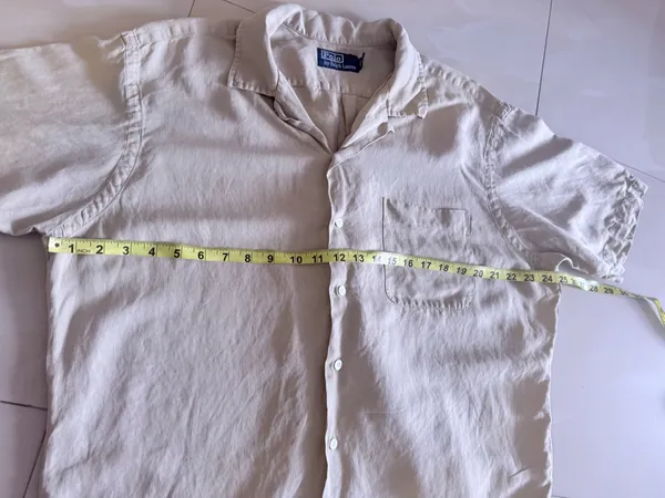 . Vintage 90s Polo Ralph Lauren Camp Shirts Mens L Linen Beige Classic Shirt Butt - Image 4
