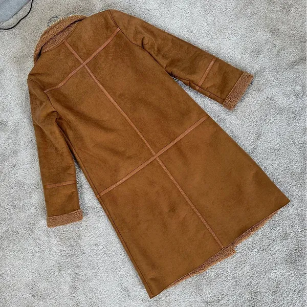 Stradivarius Women’s Faux Suede Teddy Shearling Long Coat Jacket in Brown L - Image 6